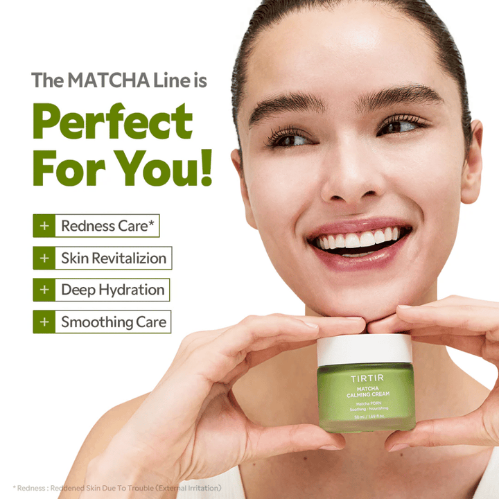 Woman holding TIRTIR Matcha Calming Cream that soothes red skin, provides deep moisturization, and strengthens the skin barrier for a healthy glow.