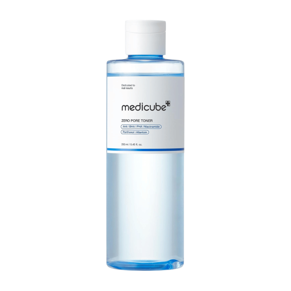 Medicube Zero Pore Toner 250 ml, exfoliating facial toner with AHA, BHA, PHA and niacinamide in a transparent blue bottle against a white background.
