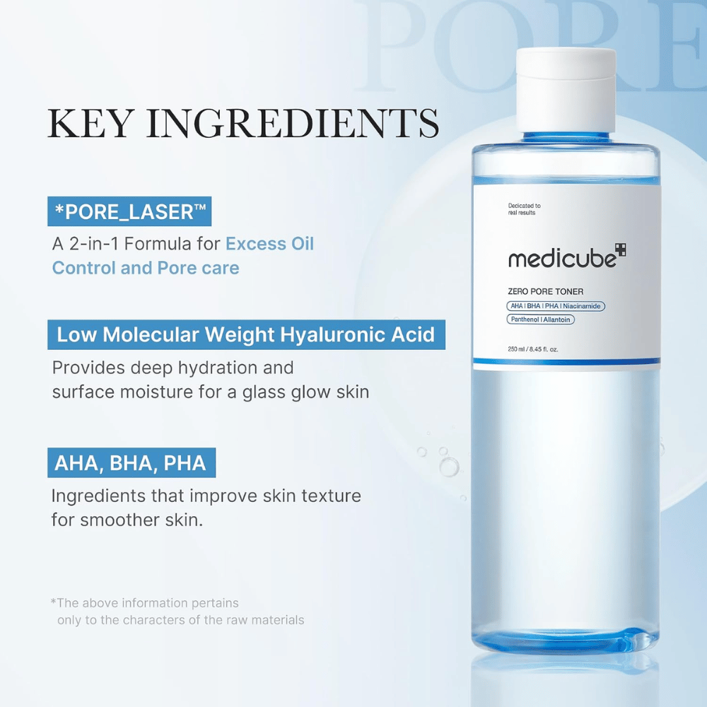 Medicube Zero Pore Toner with AHA, BHA, PHA and hyaluronic acid. Ingredient overview for hydration, smoother skin texture and pores.