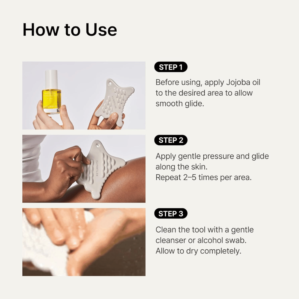 Instructional image showing how RETURNITY Mini Guasha is used together with jojoba oil for smooth massage and cleaning after use.