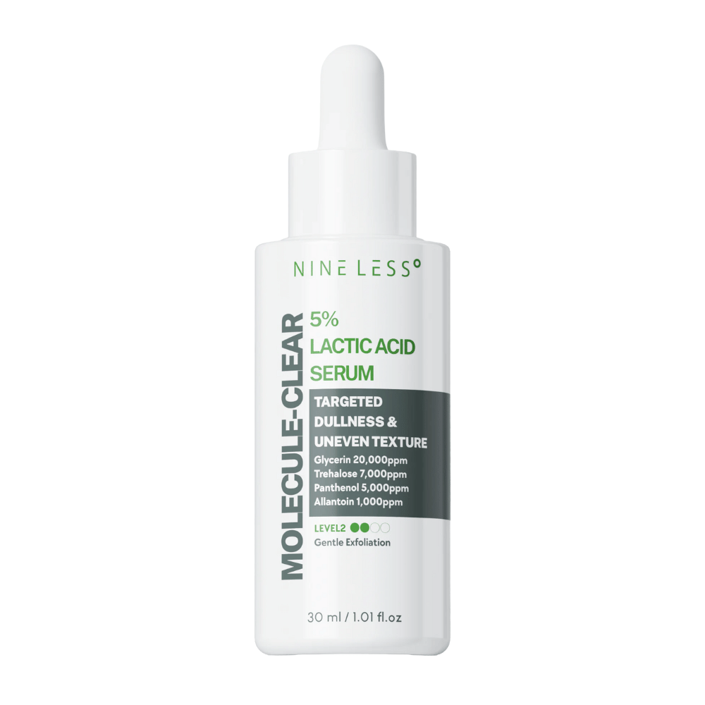 Nine Less Molecule-Clear 5% Lactic Acid Serum in a white bottle with a pipette, designed to even out uneven skin texture and provide gentle exfoliation. Size 30 ml.