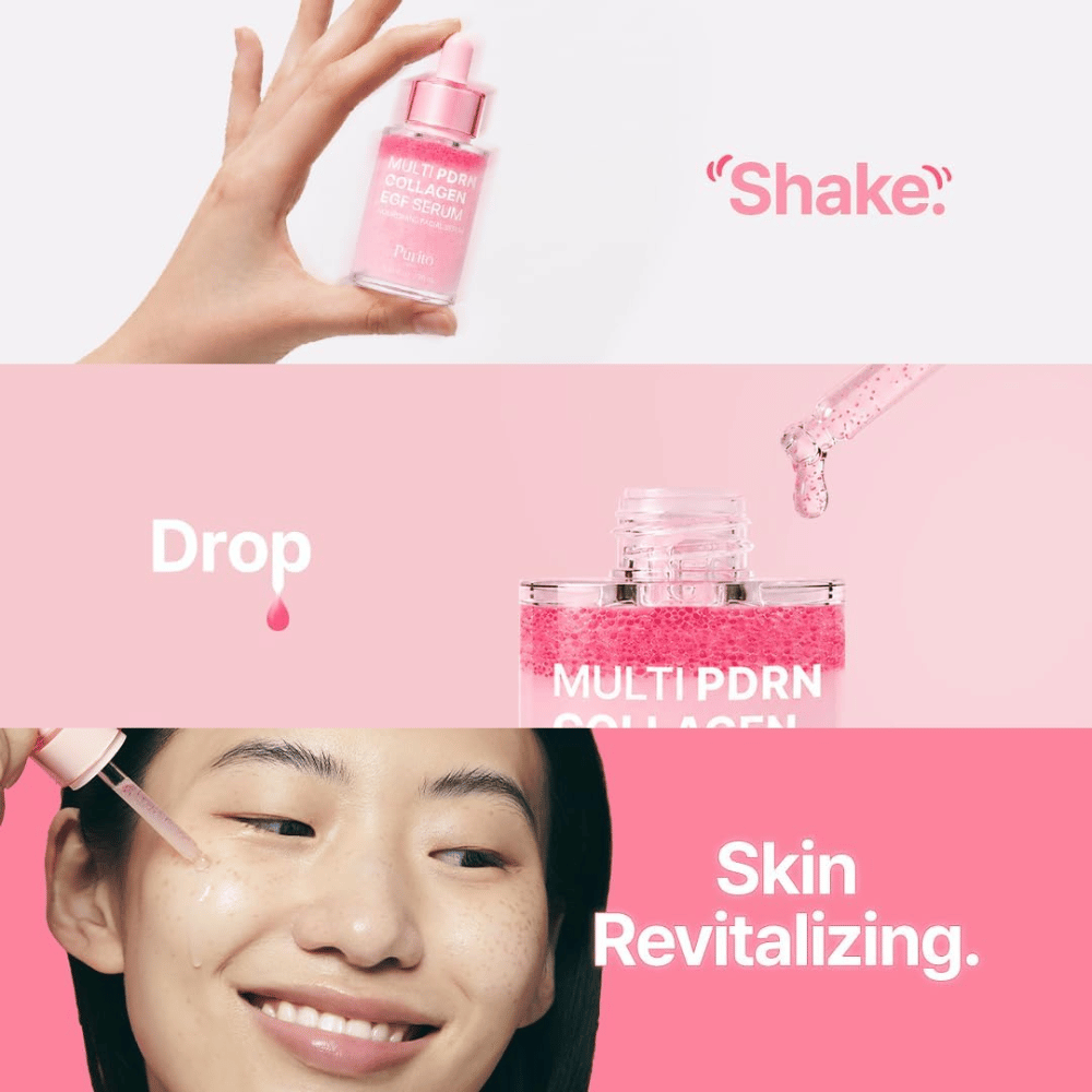 Purito Multi PDRN Collagen EGF Serum – application of the pink serum for hydrated and revitalized skin.