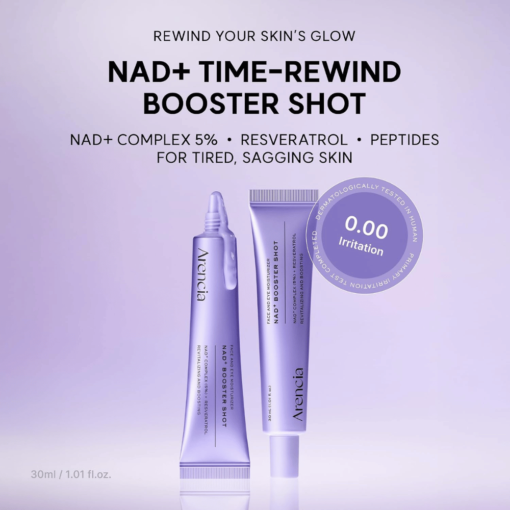 Arencia NAD+ Booster Shot with 5% NAD+ Complex, resveratrol, and peptides – dermatologically tested face cream for tired and mature skin.