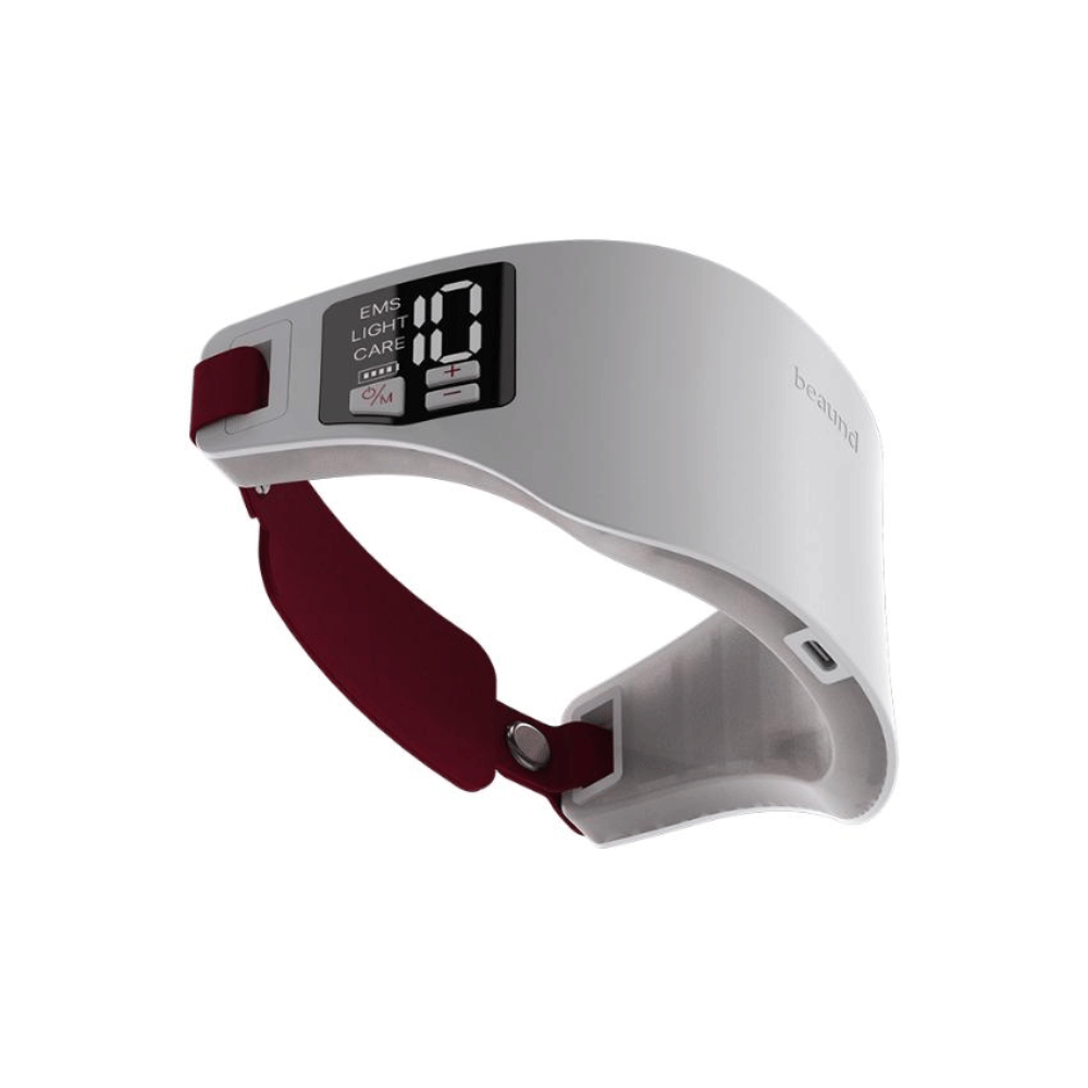 Angled view of Neckcera with strap and control panel visible. It illustrates the product's shape, fit, and user-friendly design.