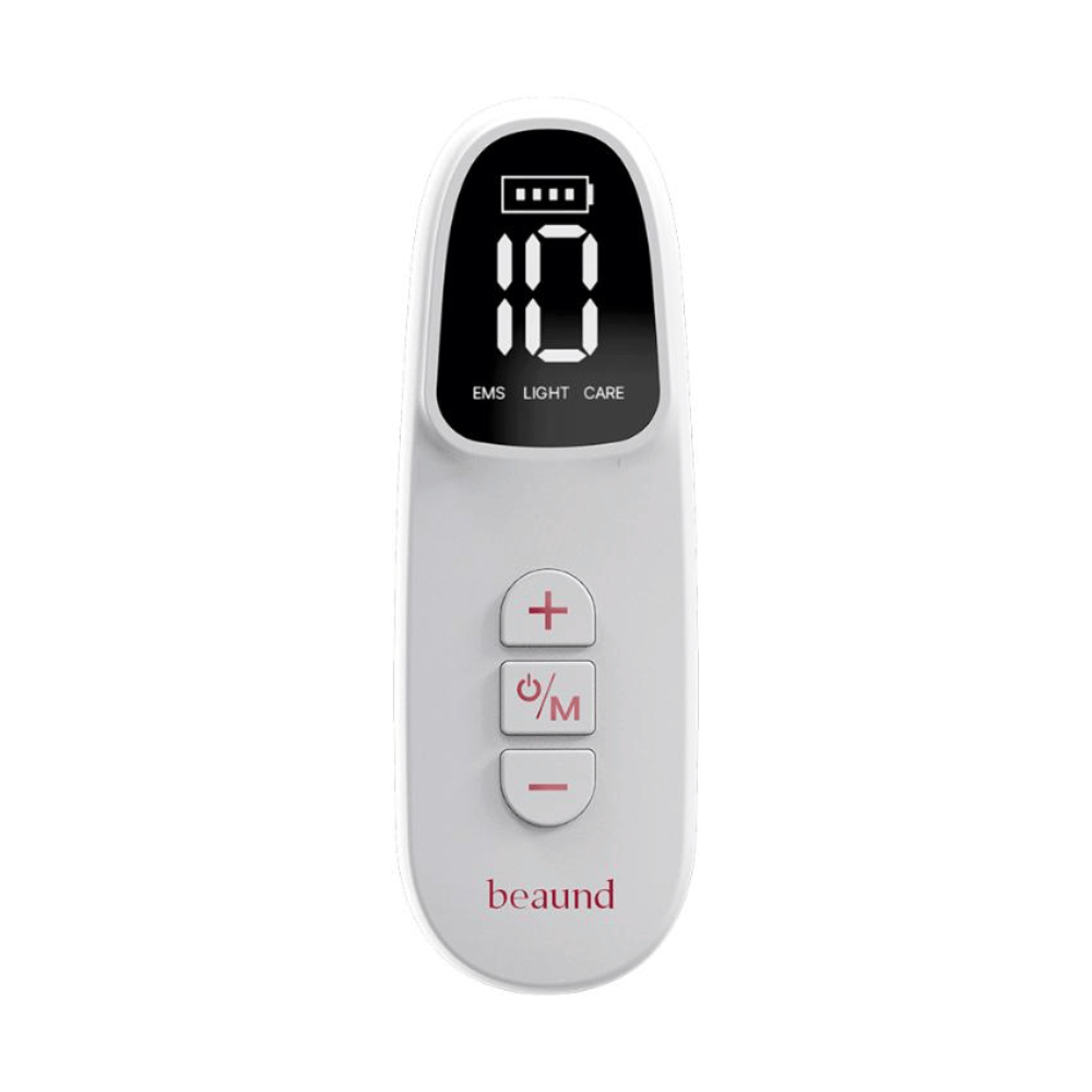 Close-up of the remote control for Beaund Neckcera. The digital display shows battery level and settings for EMS, light therapy, and care programs.