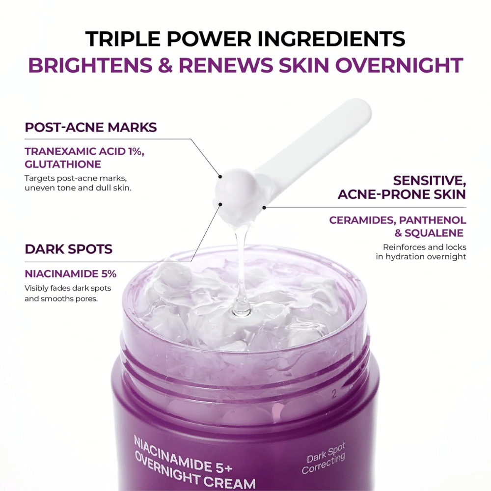 Close-up of JUMISO Niacinamide 5+ Overnight Cream with capsule gel and active ingredients such as niacinamide, tranexamic acid, glutathione, ceramides, panthenol, and squalane for radiance and hydration.