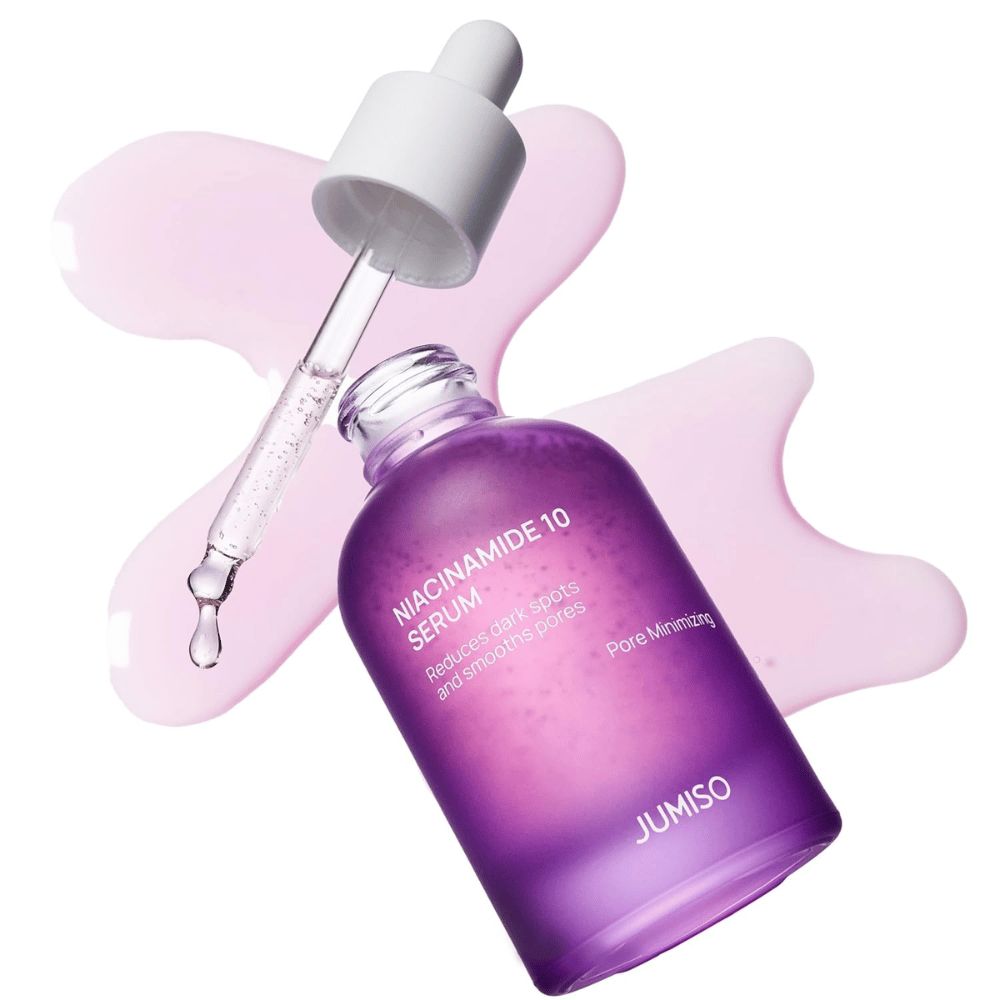Jumiso Niacinamide 10 Serum with pipette. The serum contains 10% niacinamide that reduces dark spots, balances sebum, and refines pores.