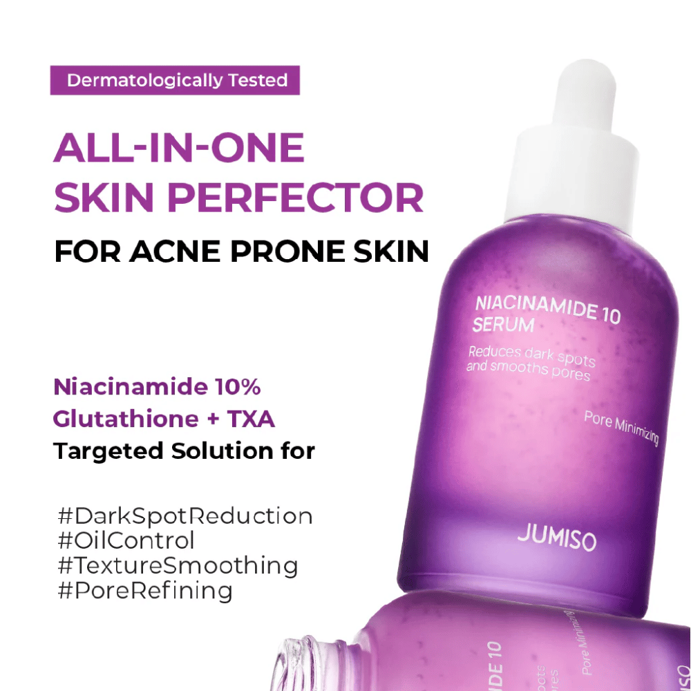 Jumiso Niacinamide 10 Serum – ett allt-i-ett-serum för aknebenägen hud med 10 % niacinamid, glutathion och TXA som minskar mörka fläckar och porer.