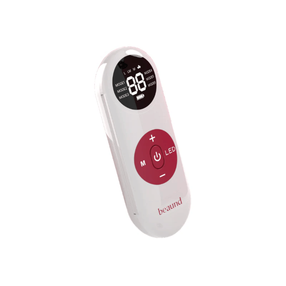 Close-up image of the wireless remote control for Beaund Nmode Pro. The digital display shows treatment mode, intensity level, and battery status for easy control.