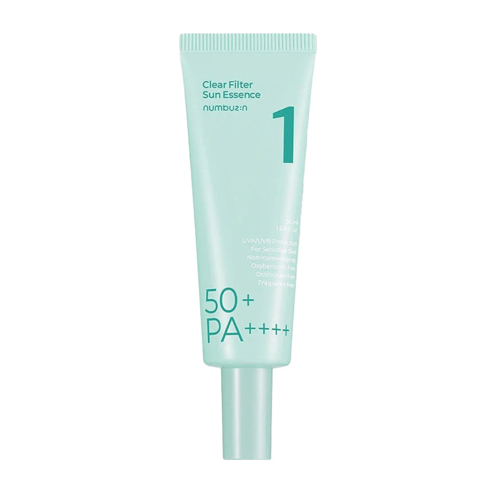 A light blue tube with No.1 Clear Filter Sun Essence SPF 50+ PA++++. It is designed for sensitive skin and offers high protection against both UVA and UVB rays. The product is free from comedogenic ingredients, oxybenzone, octinoxate, and fragrance. The tube contains 50 ml.