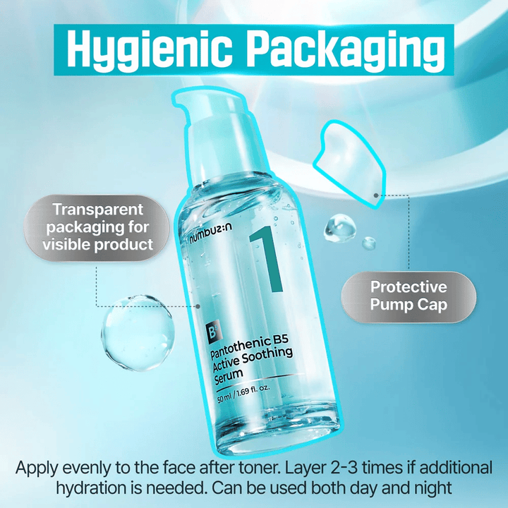 numbuzin No.1 Pantothenic B5 Active Soothing Serum 50 ml – soothing B5 serum with hygienic pump and transparent bottle for acne-prone skin