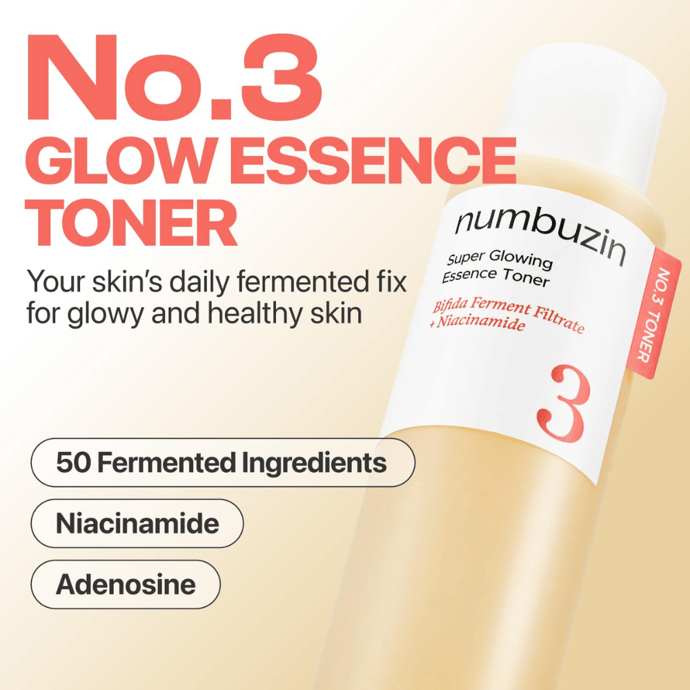 Numbuzin No.3 Glow Essence Toner – daily fermented essence for healthy, hydrated, and radiant skin.