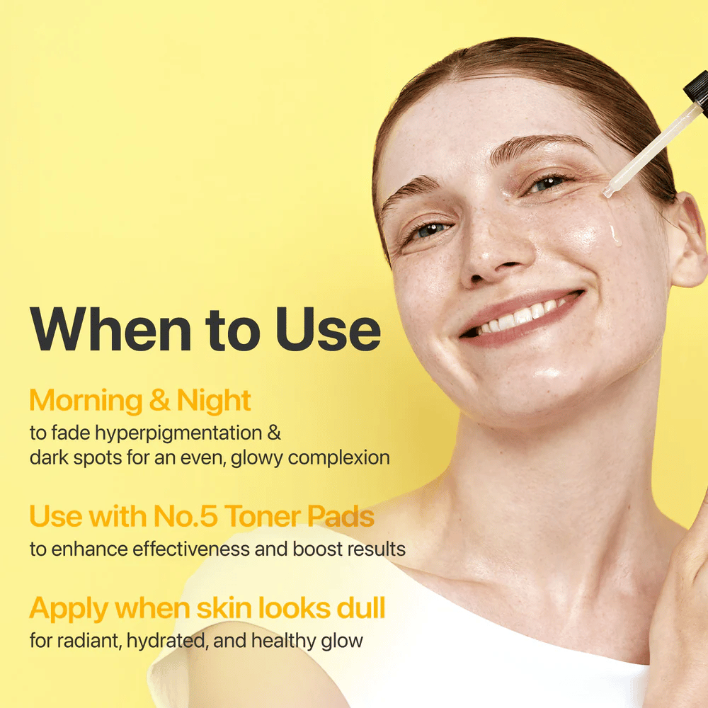 Woman applying Numbuzin No.5+ Glutathione Vitamin Concentrated Serum. For an even skin tone and glow morning and evening.