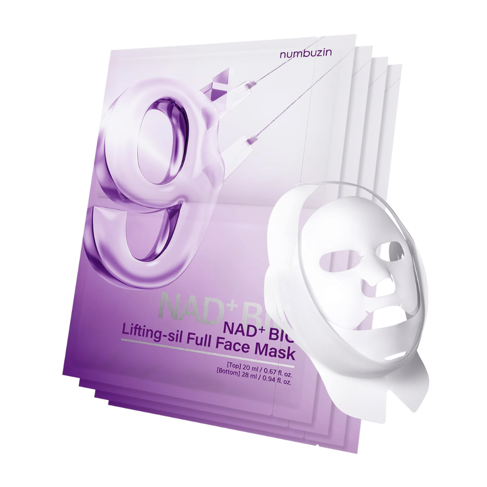 Packaging with face masks from No.9 NAD Bio Lifting-sil, including full face mask in transparent material and packaging showing the product's use for facelift.