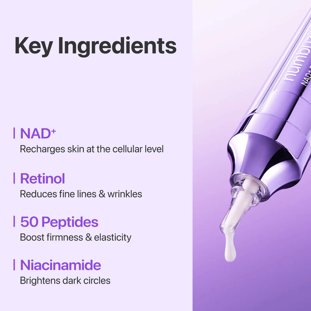 Key ingredients in No.9 NAD+ Retinol Volumetox Eye Cream, with NAD+, retinol, 50 peptides, and niacinamide that help strengthen the skin and reduce fine lines.