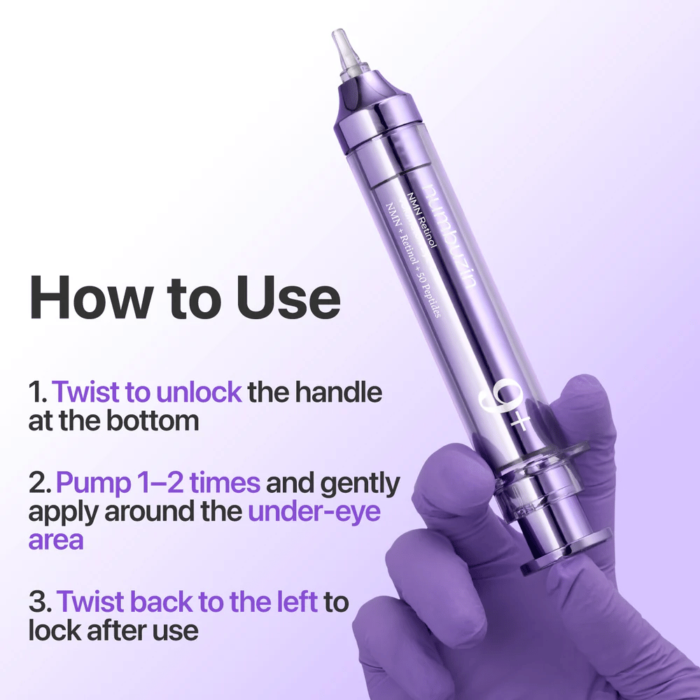 Instructional image showing how No.9 NAD+ Retinol Volumetox Eye Cream is used, with twist function, pump dosing, and application around the eye area for safe and precise use.