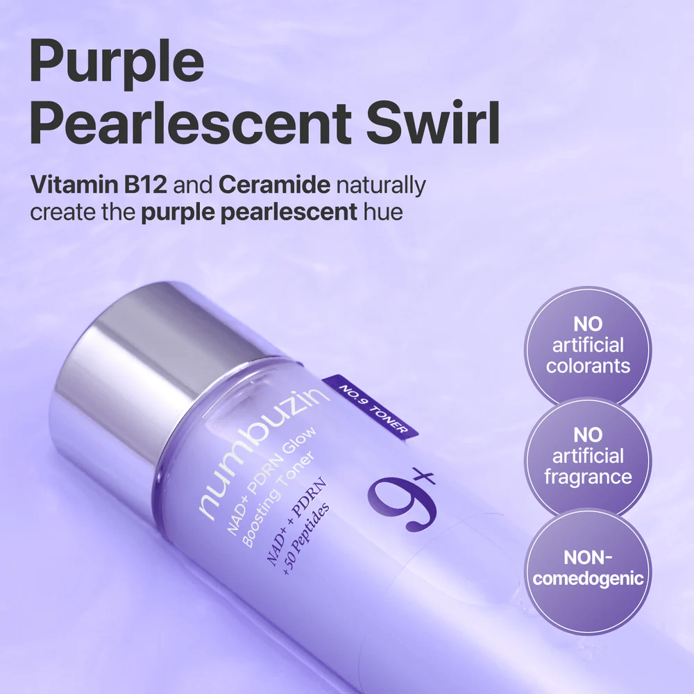 Close-up of Numbuzin No.9 Toner with text about “Purple Pearlescent Swirl”. Contains vitamin B12 and ceramide, without artificial colorants or fragrances.