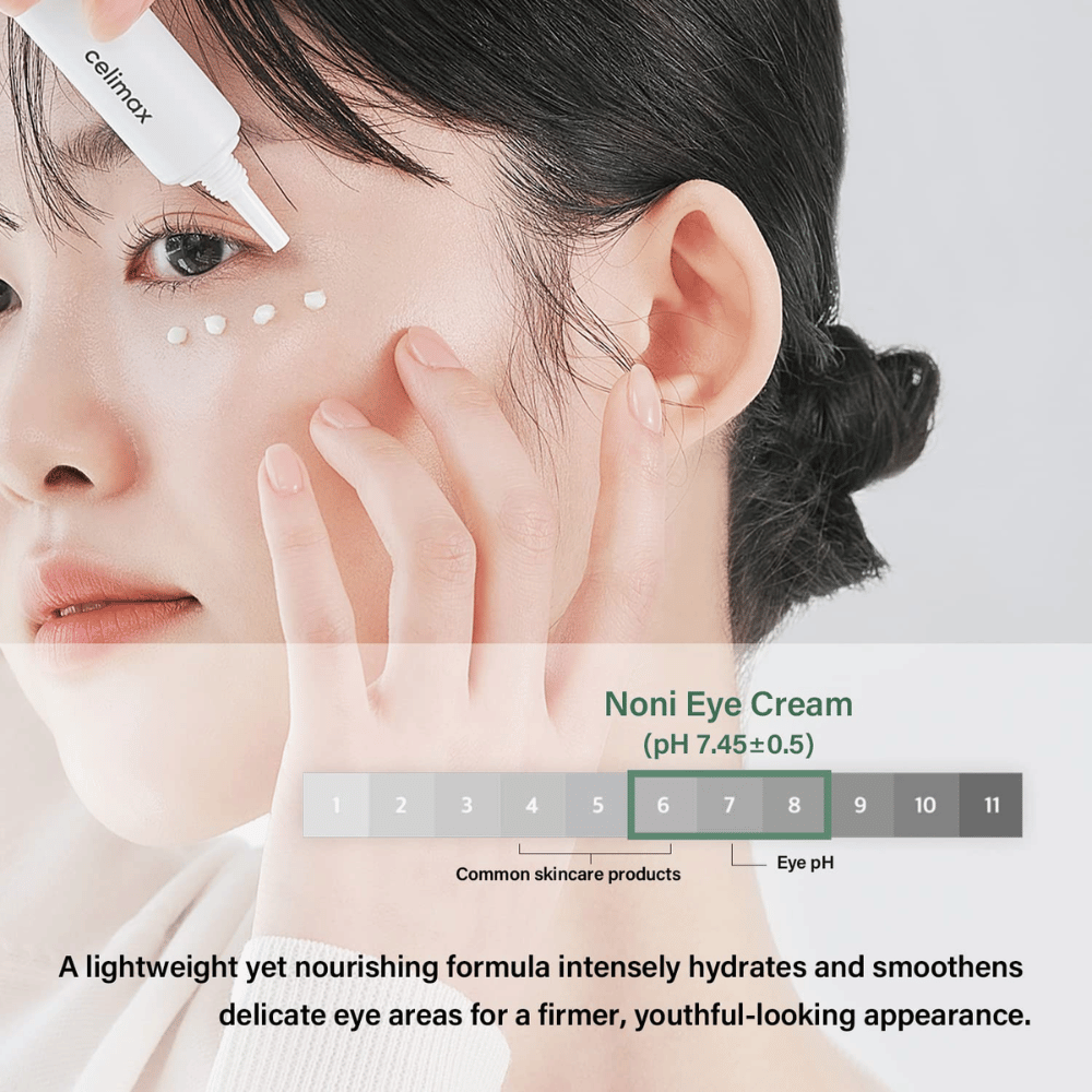 A woman applies Noni Eye Cream under her eyes. The product is packaged in a white tube and is placed as small dots around the eye area. The text under the image describes that the cream is light but nourishing, enhances skin hydration, and provides a firmer, more youthful appearance. The product's pH value (7.45±0.5) is also shown.