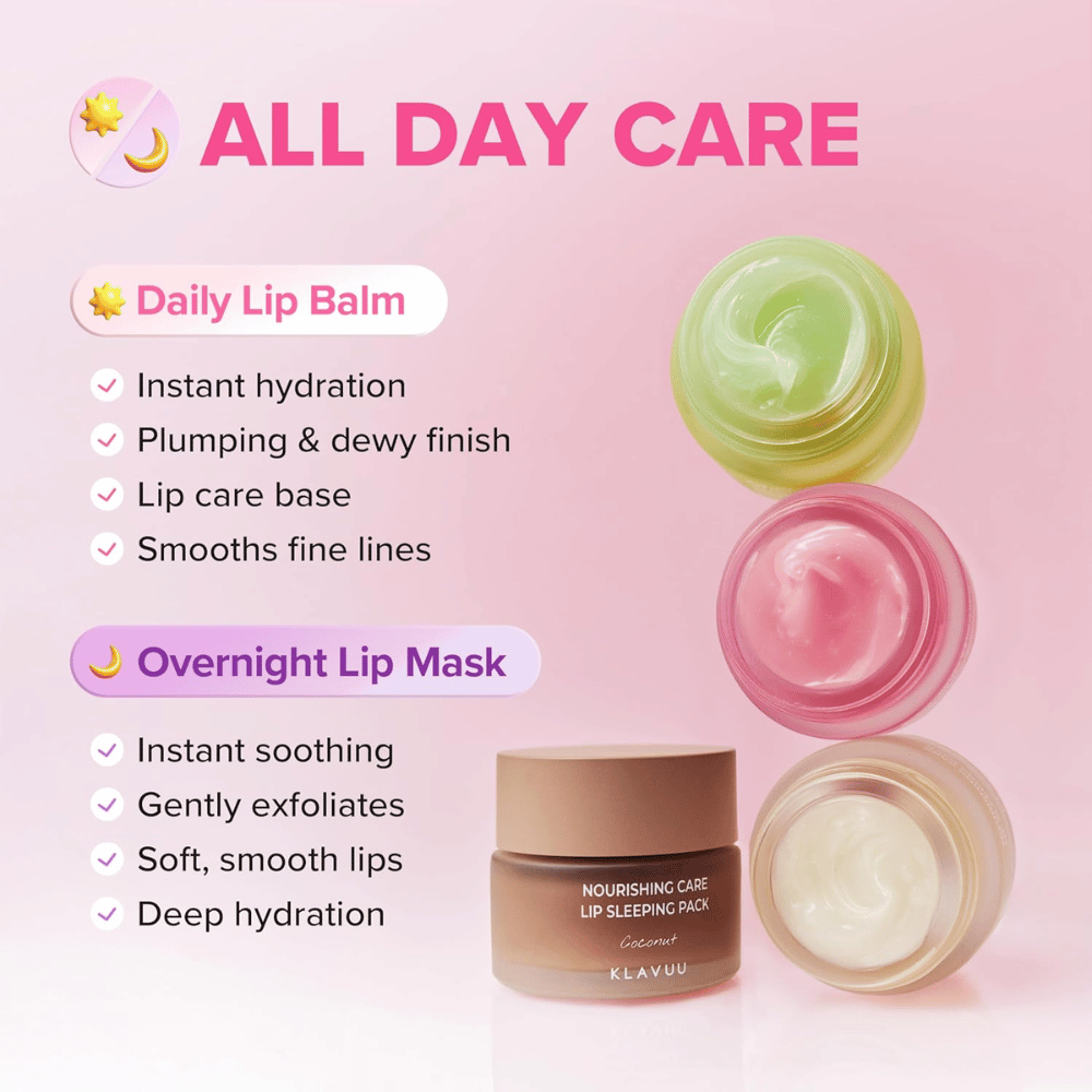 KLAVUU Nourishing Care Lip Sleeping Pack Coconut can be used as a lip balm during the day or an intensive overnight lip mask for soft lips.