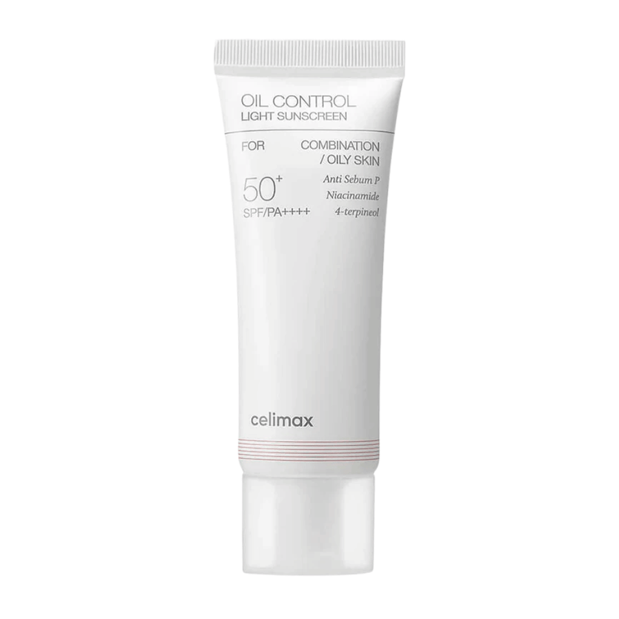 Celimax Oil Control Light Sunscreen SPF 50+ PA++++ product image focusing on the formula and ingredients such as niacinamide for sebum control and a more even skin tone