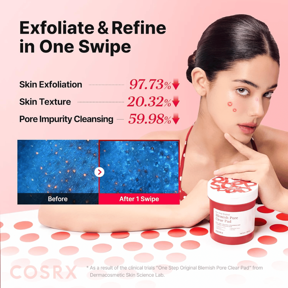 Promotional image for COSRX One Step Original Blemish Pore Clear Pad showing exfoliating effect and pore cleansing after just one use.