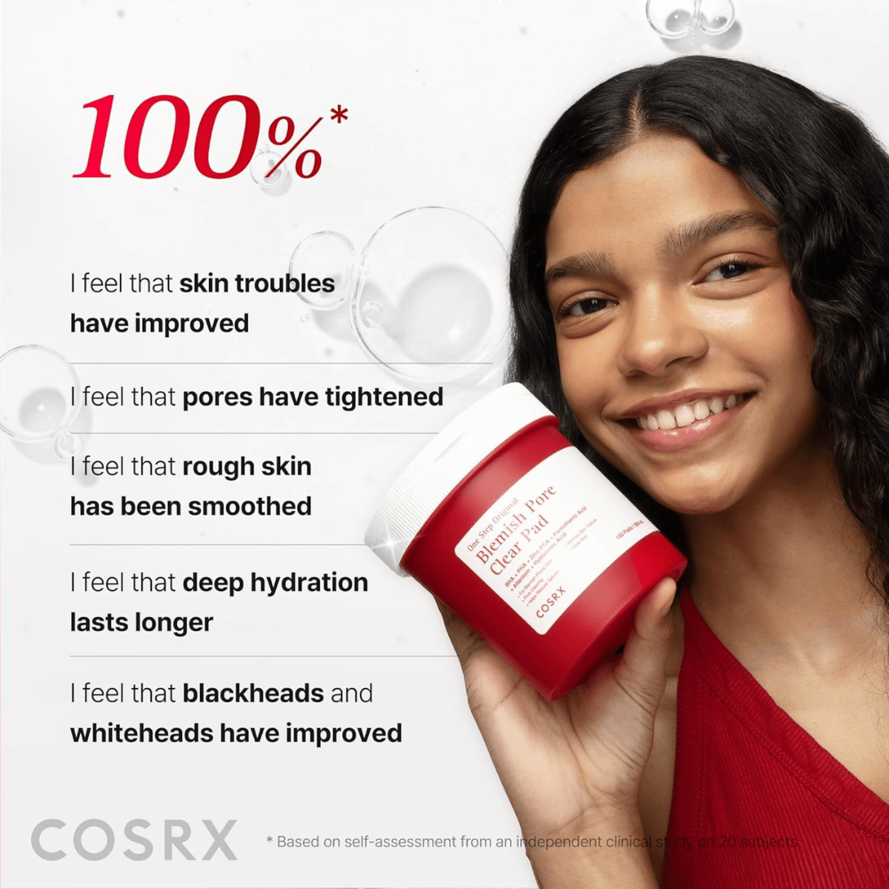 Model holding COSRX One Step Original Blemish Pore Clear Pad with focus on improved skin texture, pores, hydration, and reduced blemishes.