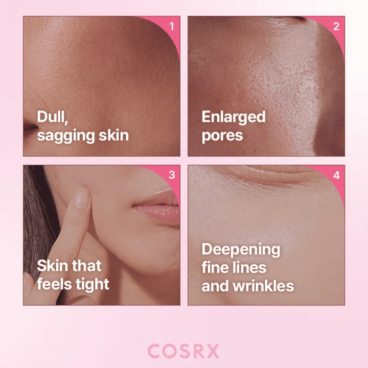 Informational image highlighting common skin concerns such as dull skin, enlarged pores, tight skin, and fine lines.