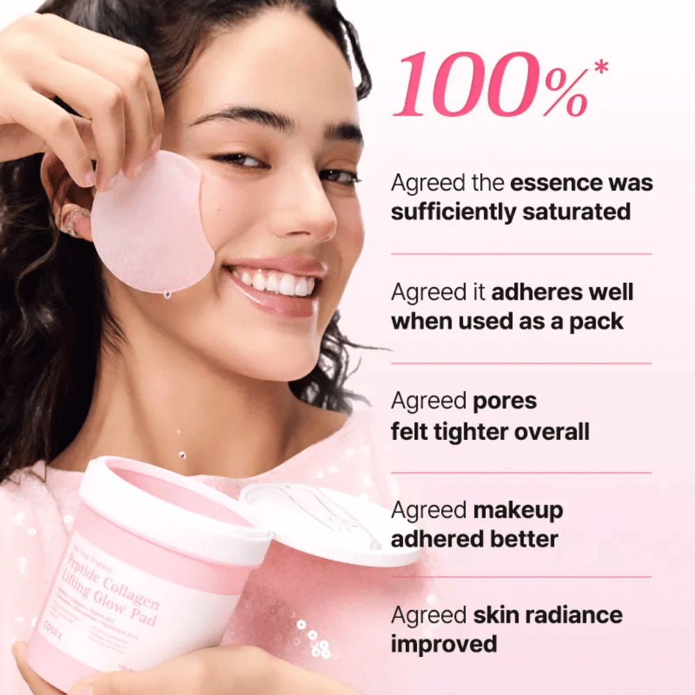 Model using COSRX Peptide Collagen Lifting Glow Pad with focus on hydration, glow, and improved skin elasticity.