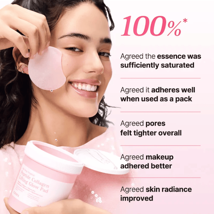 Model using COSRX Peptide Collagen Lifting Glow Pad with focus on hydration, glow, and improved skin elasticity.