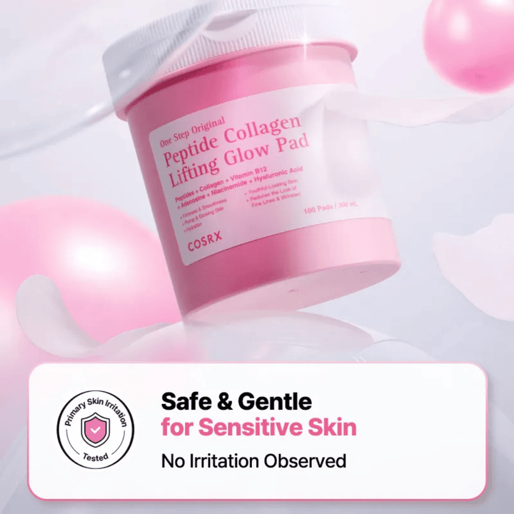 Product image of COSRX One Step Original Peptide Collagen Lifting Glow Pad with messaging about a gentle formula for sensitive skin and tested low irritation.