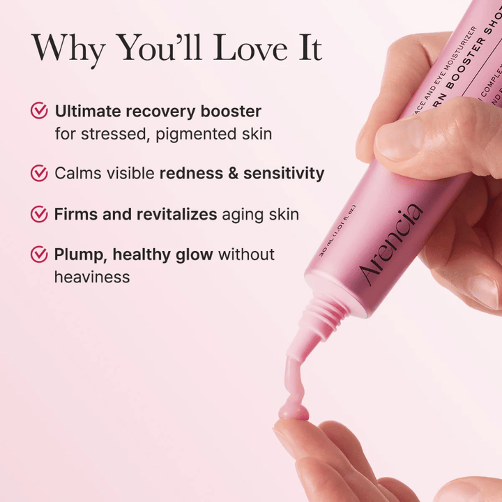 Benefit image focusing on why the product is appreciated, for example support for stressed skin, a soothing effect on redness and sensitivity, and plumper skin with a light feel without heaviness.