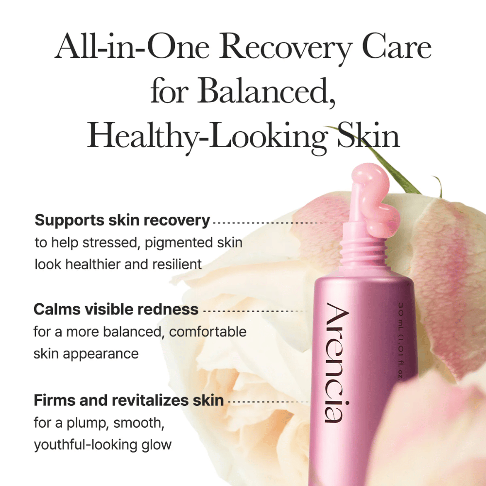Campaign image describing the product's benefits for balanced and healthy skin, including recovery, reduced redness, and firmer skin with youthful radiance.