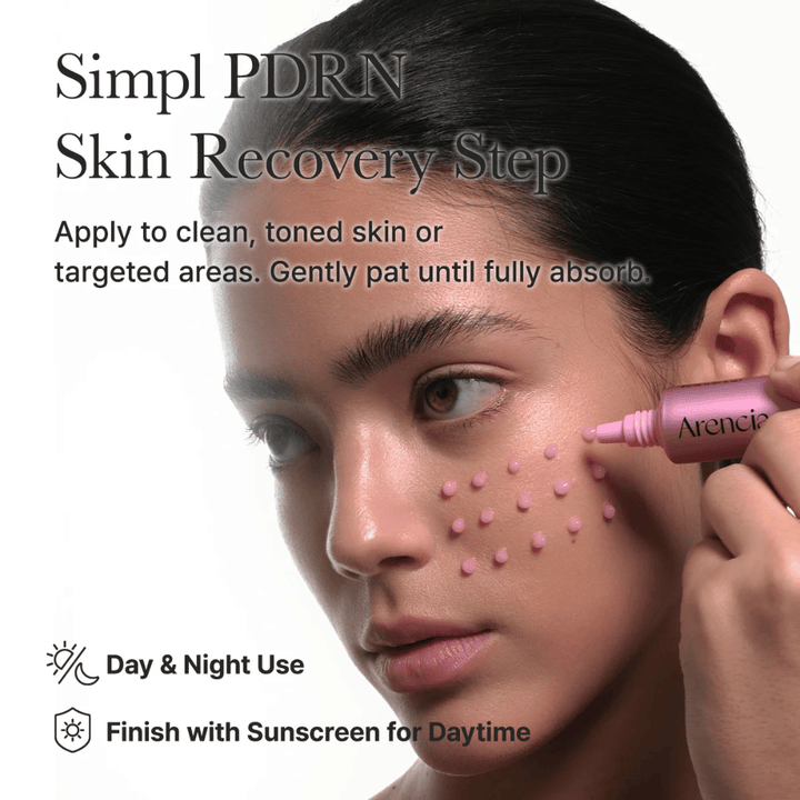 Usage image showing how Arencia PDRN Booster Shot is applied directly to the skin. The product is used on cleansed and toned skin and can be used both day and night, with sunscreen recommended during the day.