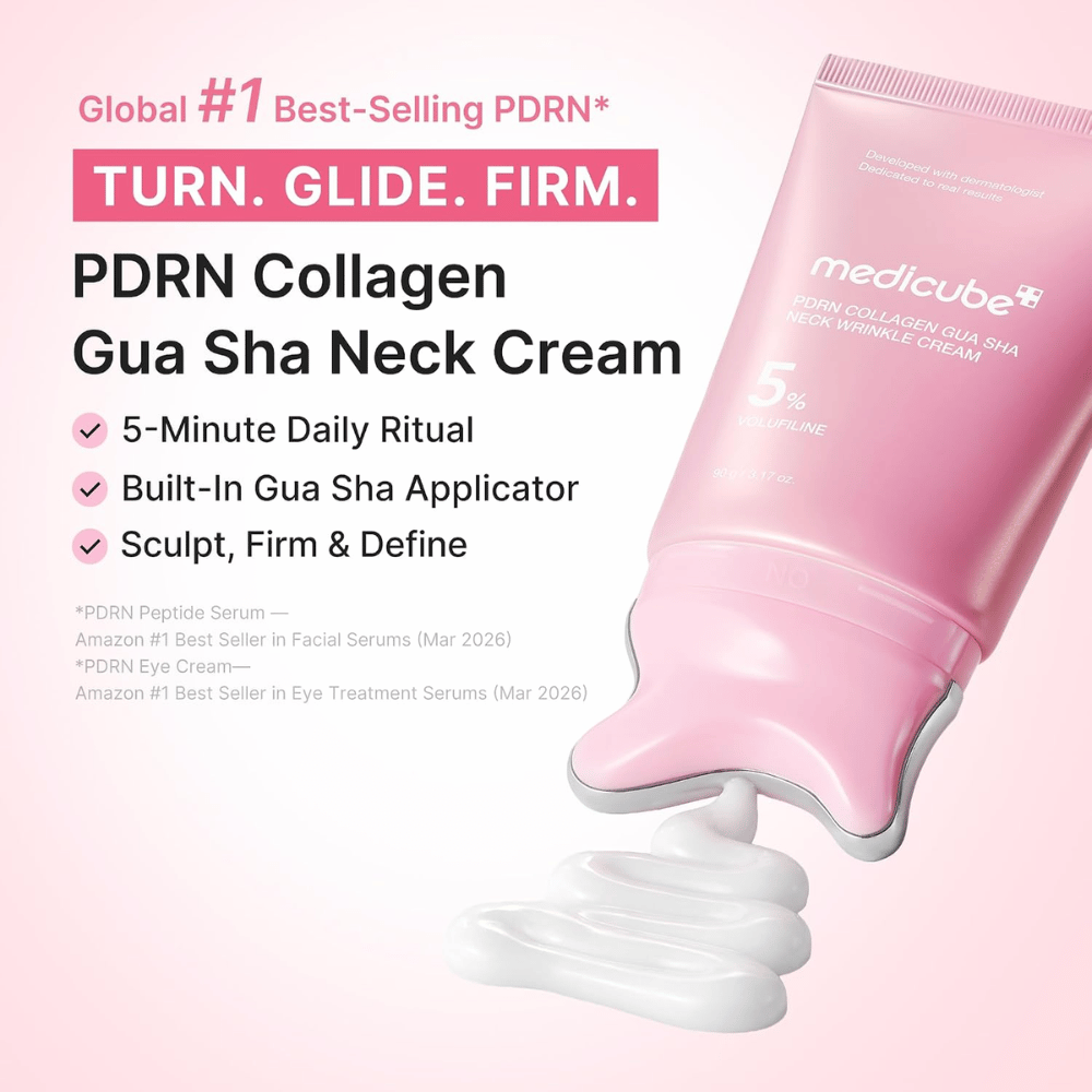 5. Medicube PDRN Collagen Gua Sha Neck Wrinkle Cream – pink neck cream with gua sha applicator and creamy texture