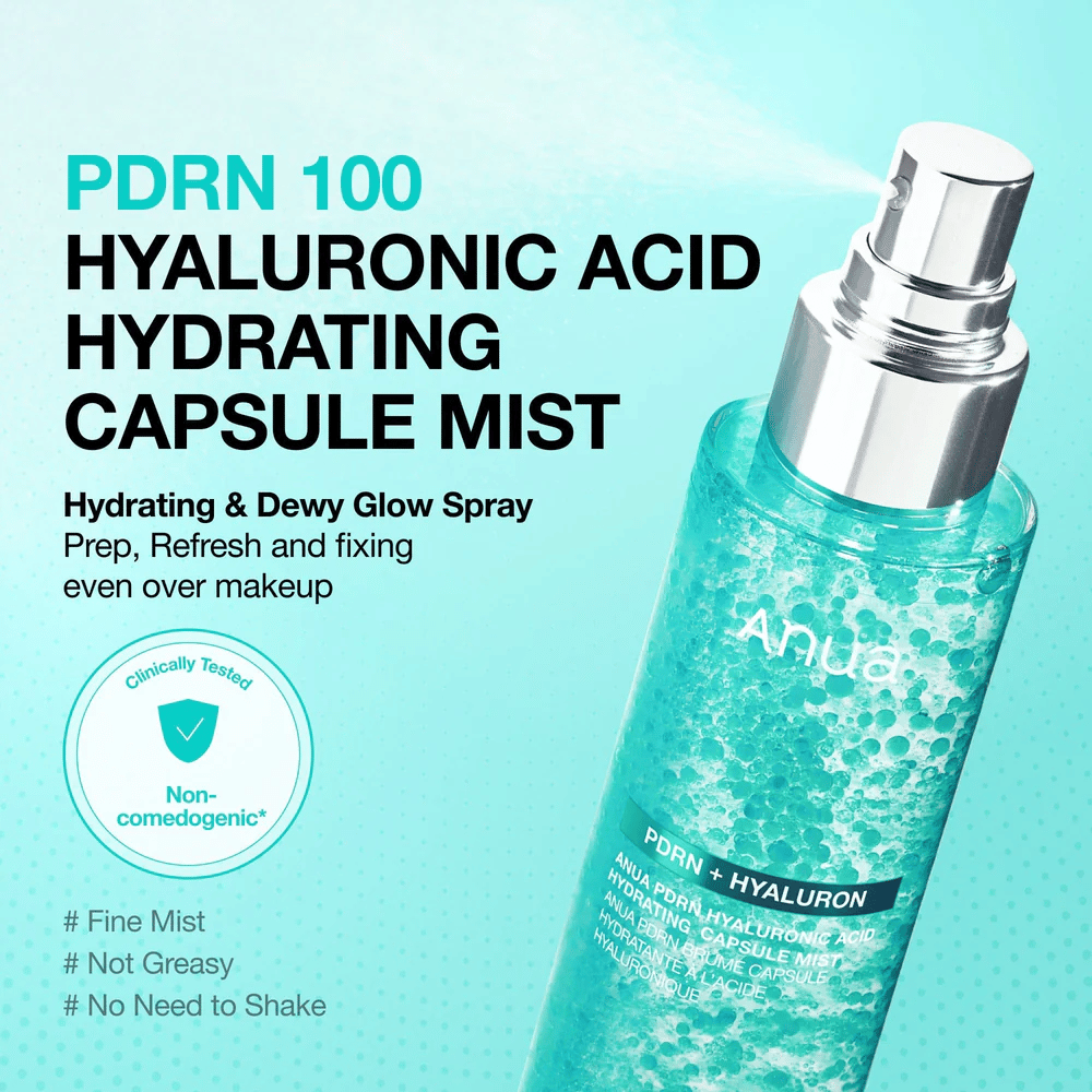 Product image with the spray function in focus. The text describes the product as a moisturizing mist that gives glow, can be used over makeup, and does not feel greasy.