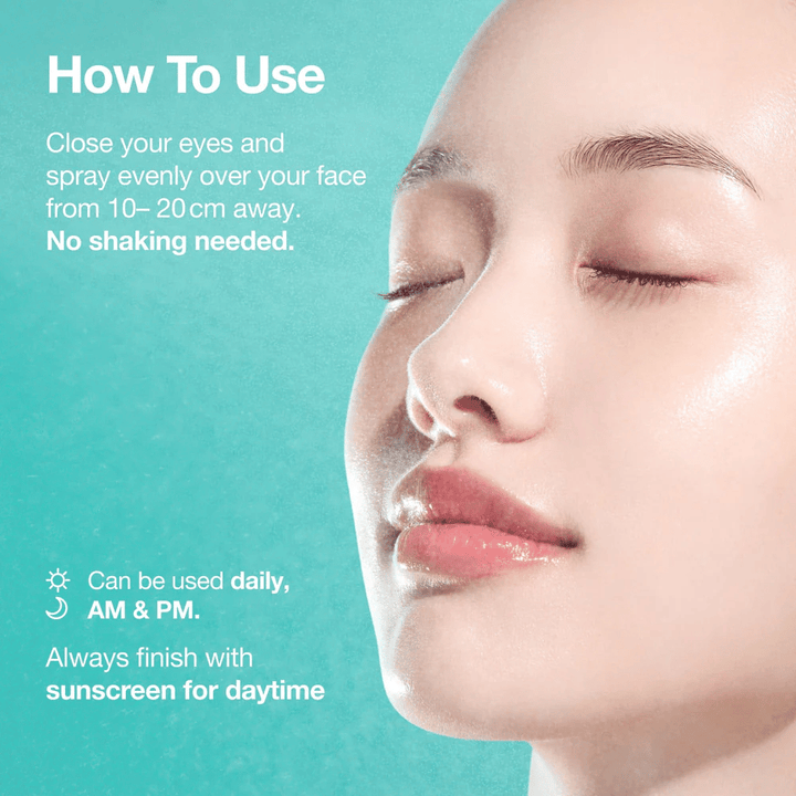 A close-up of a face with closed eyes as a mist is sprayed over the skin. The text explains how to use the product: spray evenly from a distance of 10–20 cm and use daily.