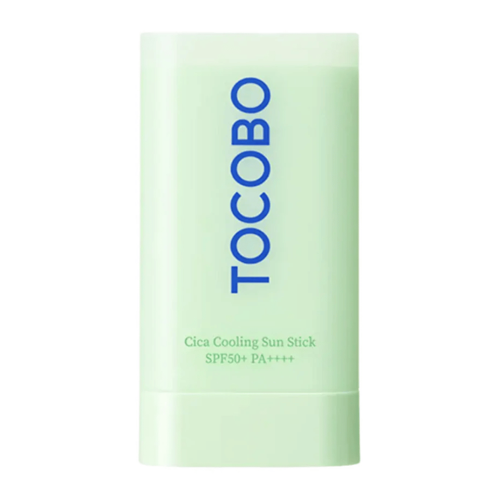 Tocobo Cica Cooling Sun Stick SPF50+ PA++++ in mint green packaging with blue text, shown against a white background.