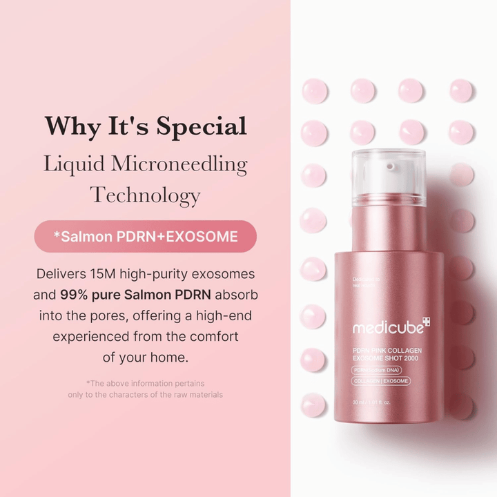 Medicube PDRN Pink Collagen Exosome Shot 2000 in a pink bottle. The image highlights liquid microneedling technology with exosomes and PDRN from salmon to support the skin's radiance, elasticity, and absorption.
