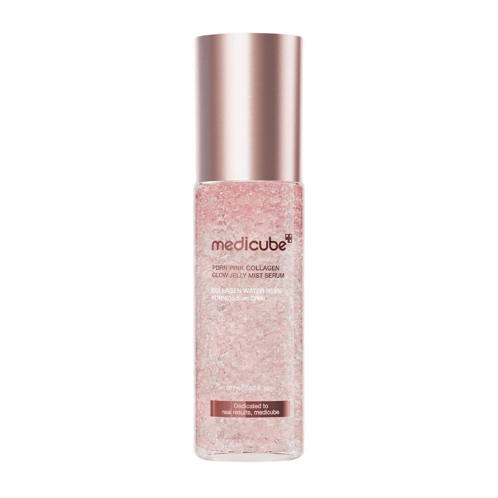 6. Medicube PDRN Pink Collagen Glow Jelly Mist Serum 60 ml – pink hydrating face mist with collagen and PDRN on a white background