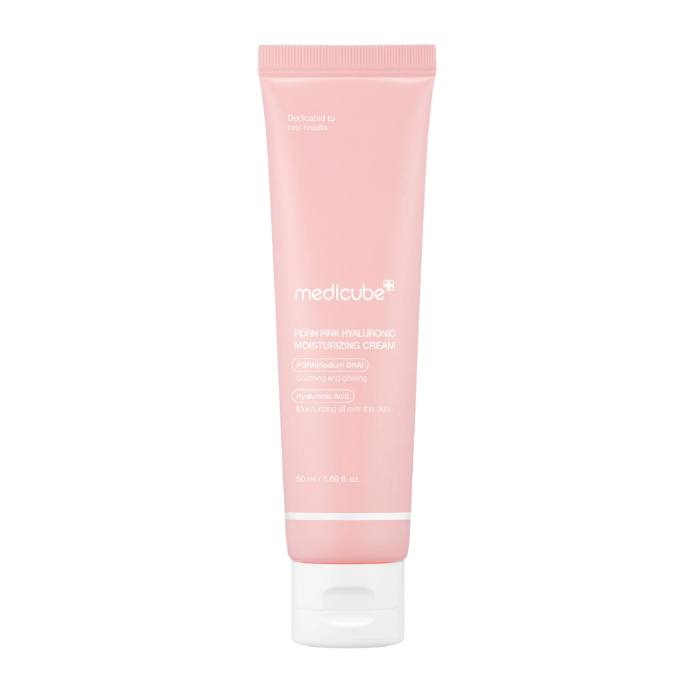Medicube PDRN Pink Hyaluronic Moisturizing Cream in a pink tube with a white cap, a moisturizing cream enriched with hyaluronic acid and salmon DNA PDRN.