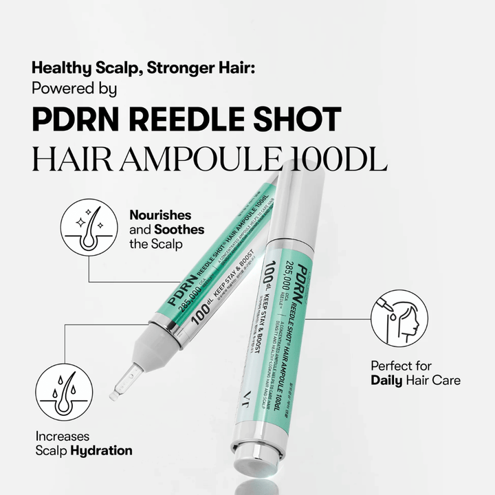 Product presentation of PDRN Reedle Shot Hair Ampoule 100dL focusing on benefits such as soothing effect, increased hydration in the scalp, and daily hair care.