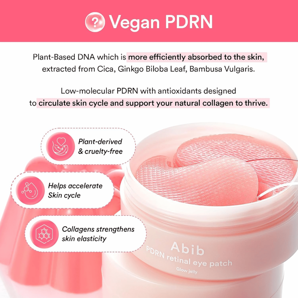 Abib PDRN Retinal Eye Patch Glow Jelly with vegan PDRN from plant extracts that strengthen skin elasticity, boost collagen, and improve skin texture.