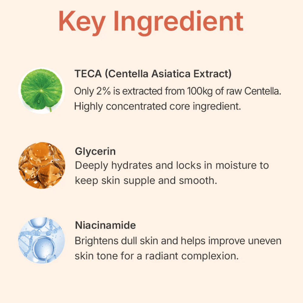 MADECA LAB PDRN Glow Gel Mask key ingredients – TECA from Centella Asiatica, glycerin, and niacinamide that soothe the skin, deeply hydrate, and improve skin tone.