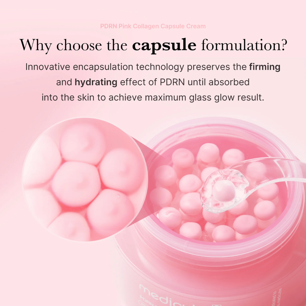 Close-up of pink capsules in Medicube PDRN Pink Collagen Capsule Cream, with spoon and magnification showing encapsulation technology for hydration and elasticity.