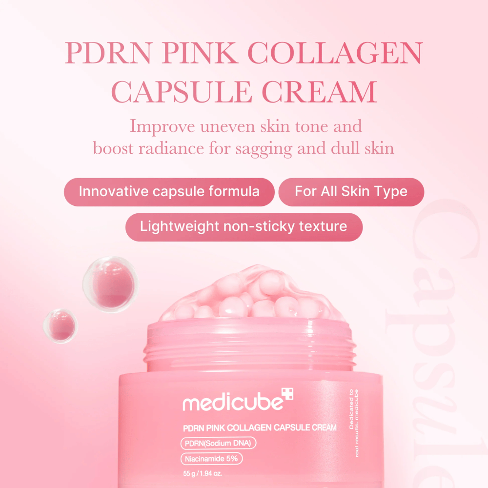 Pink jar with Medicube PDRN Pink Collagen Capsule Cream, surrounded by capsule-like bubbles and text highlighting the cream's properties for uneven skin tone, radiance, and all skin types.