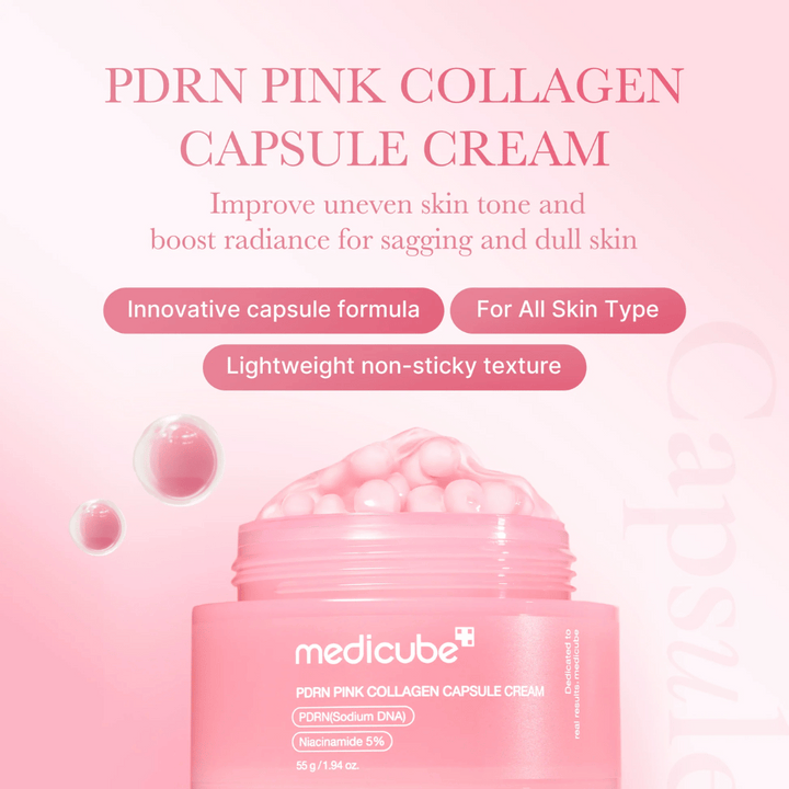 Pink jar with Medicube PDRN Pink Collagen Capsule Cream, surrounded by capsule-like bubbles and text highlighting the cream's properties for uneven skin tone, radiance, and all skin types.