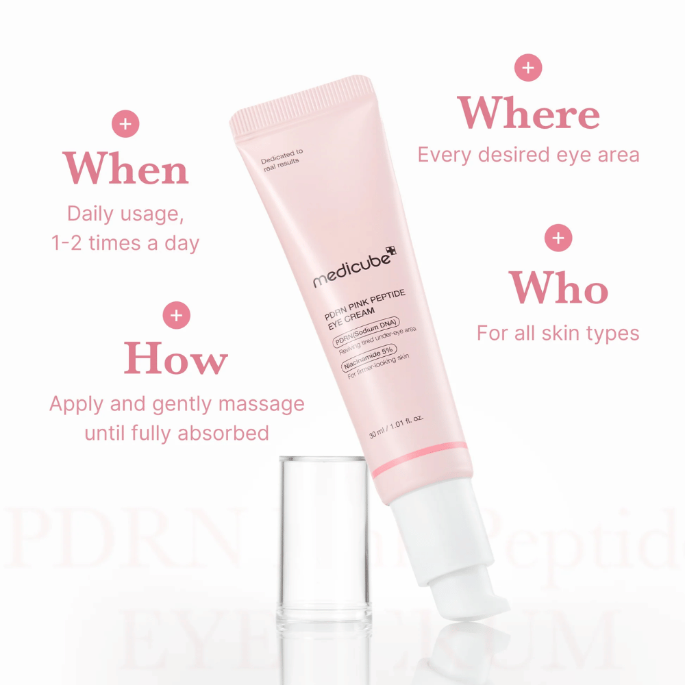 Medicube PDRN Pink Peptide Eye Cream, 30 ml tube. Eye cream with PDRN and 5% niacinamide. Use 1-2 times daily around the eyes. Suitable for all skin types.