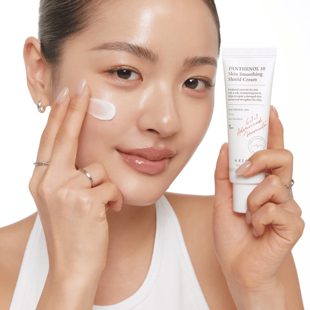 AXIS-Y Panthenol 10 Skin Smoothing Shield Cream applied to the skin to strengthen the skin barrier