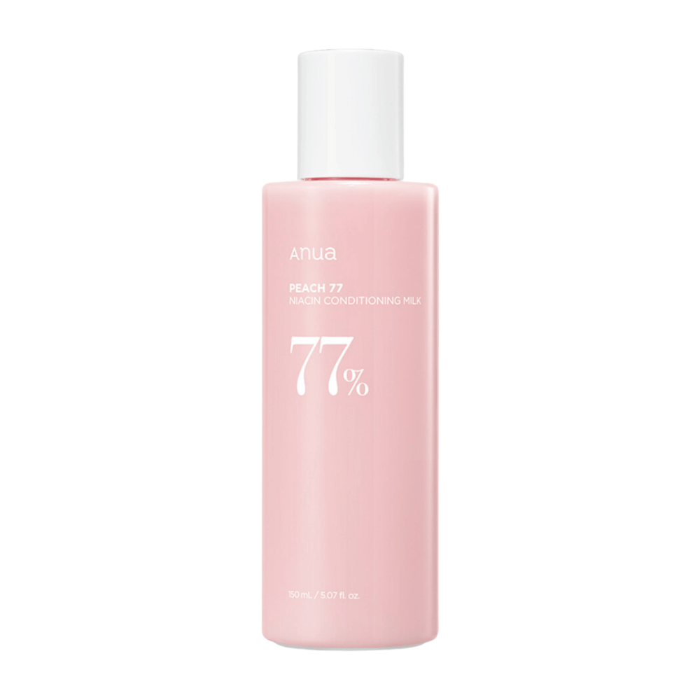 The image shows ANUA Peach 77% Niacin Conditioning Milk, a skincare product that contains 77% peach and niacinamide to improve the skin's condition.
