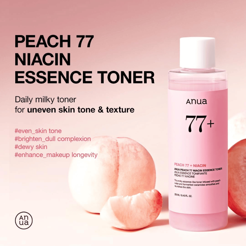 Anua Peach 77 Niacin Essence Toner in a pink bottle next to peaches, with text highlighting benefits for uneven skin tone, radiance, and improved makeup longevity.